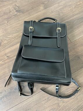 Ecosusi Black Leather Flap Laptop Backpack with White Stitching